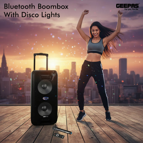 Woman sitting on grass with a Bluetooth boombox and disco lights, featuring the brand 'GEEPAS'.