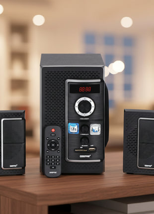 Black audio system with two speakers on a white background