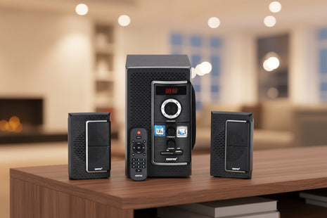 Black audio system with two speakers on a white background