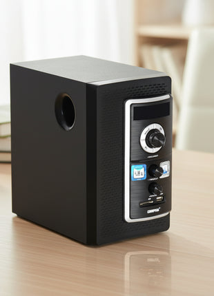 Black electronic device with control panel on a white background