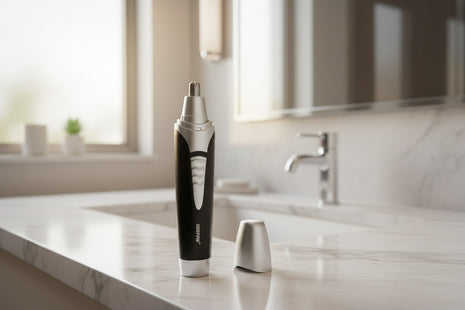 Black and silver electric nose hair trimmer on a white background