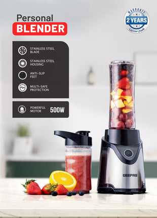 Personal blender with fruits and a smoothie on a kitchen counter, featuring Geepas branding.