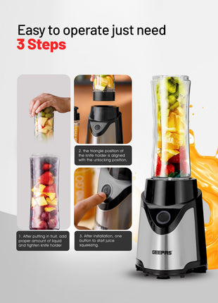 Blender with step-by-step instructions on a white background