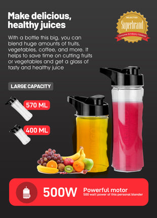 Personal blender with fruit and juice, text about capacity and power, on a dark background