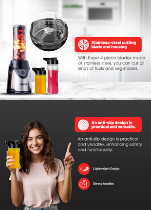 Blender with stainless-steel cutting blade and housing, featuring an anti-slip design and strong handles.