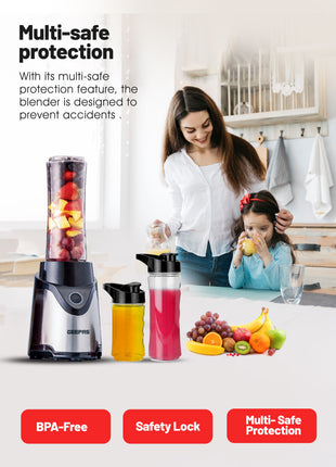 Blender with safety features on a kitchen counter, showing a woman and child with fruits.