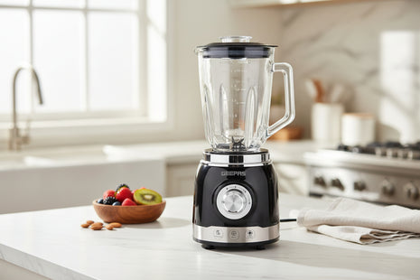 Black blender with clear jar on a white background