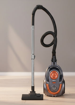 Vacuum cleaner with black and orange design on a white background