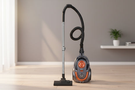 Vacuum cleaner with black and orange design on a white background