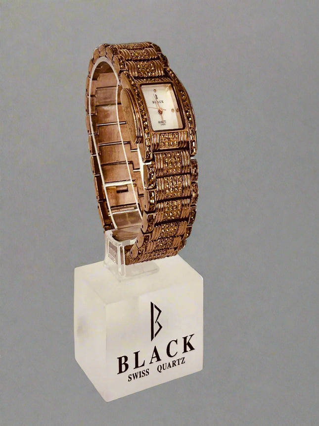 Wooden watch on a beige background with 'BLACK' branding.
