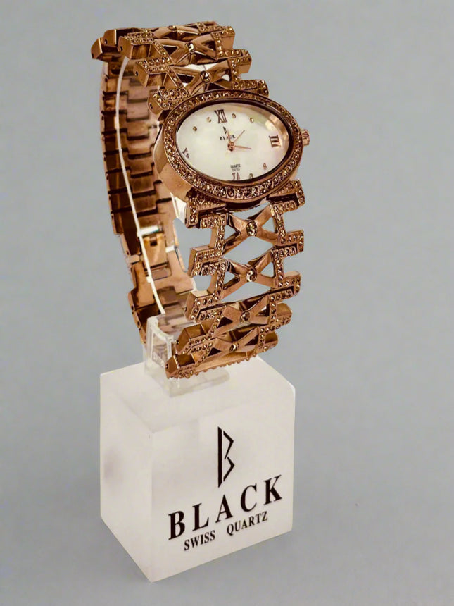 Decorative watch on a stand with 'Black Swiss Quartz' branding