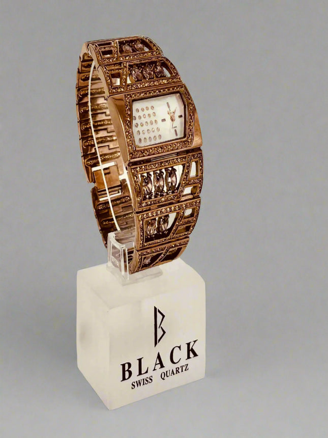 Decorative watch on a stand with 'Black Swiss Quartz' branding