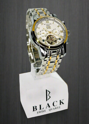 Luxury watch with a metallic band on a white background, featuring the brand 'Black'.