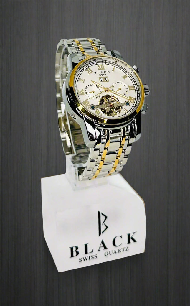 Luxury watch with a metallic band on a white background, featuring the brand 'Black'.