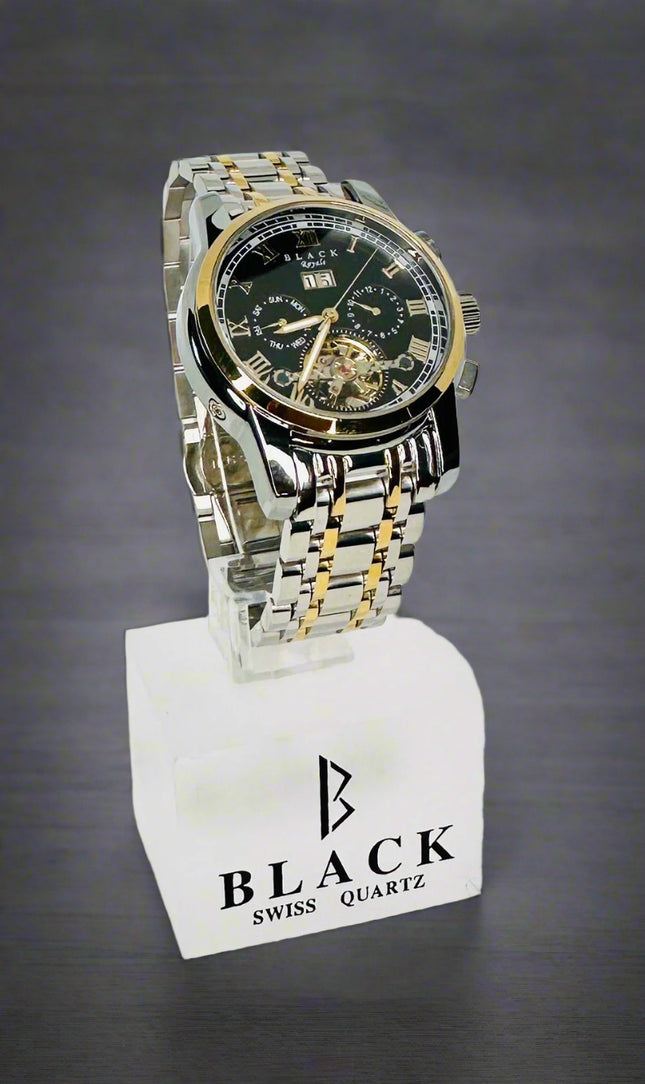 Two-tone watch on a white background with 'Black Swiss Quartz' branding.