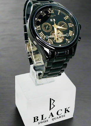 Black Swiss Quartz watch on a white stand with a white background