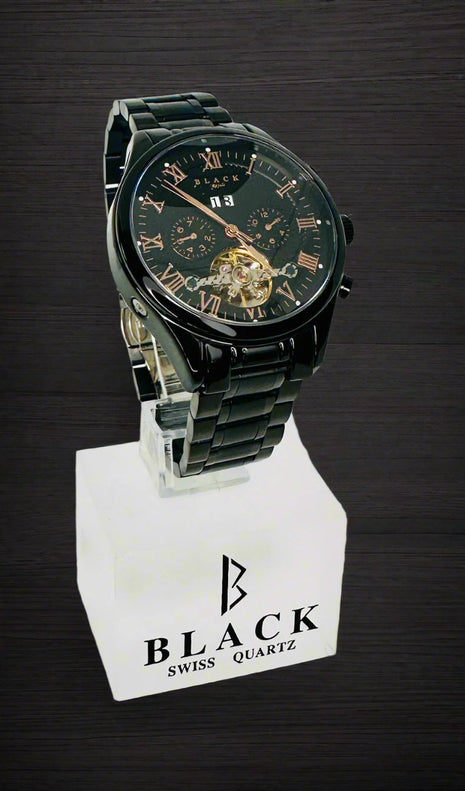 Black Swiss Quartz watch on a white stand with a white background