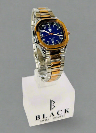 Two-tone watch with blue face on a white background, featuring the brand 'Black Swiss Quartz'.