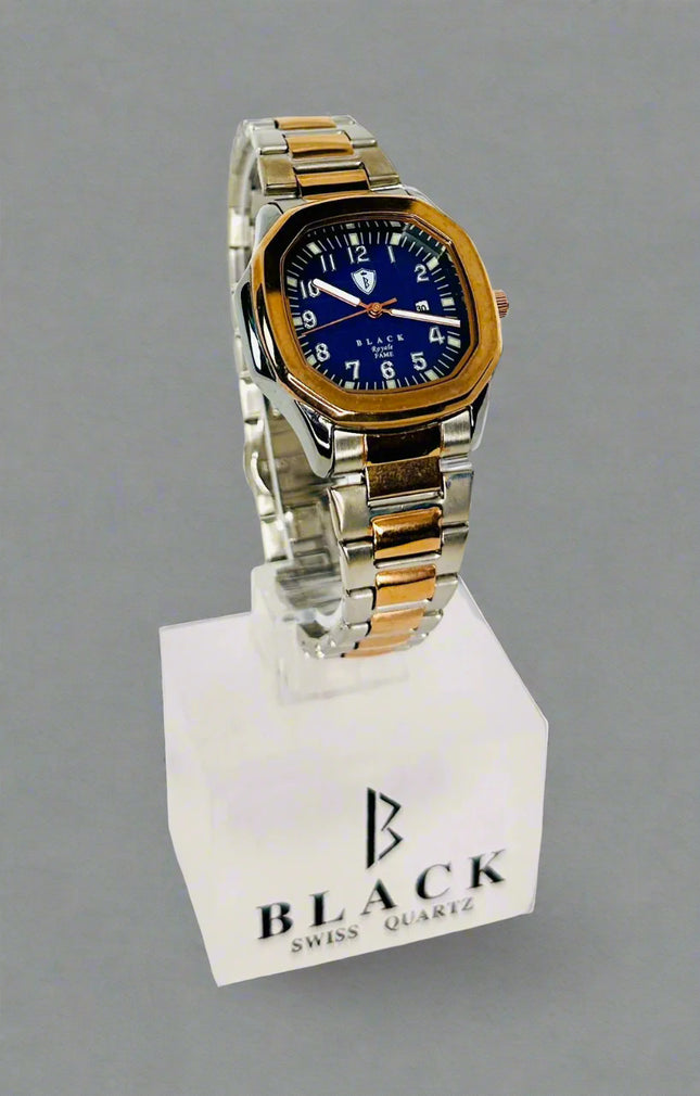 Two-tone watch with blue face on a white background, featuring the brand 'Black Swiss Quartz'.