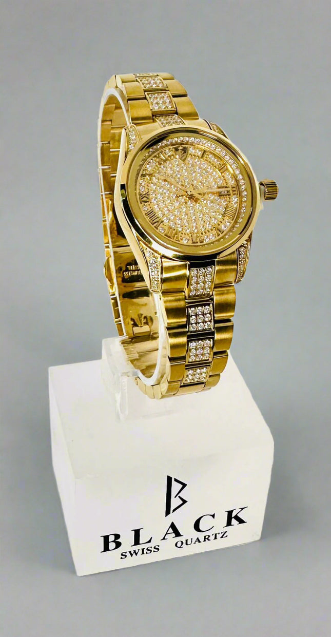 BLACK ROYALE REX SWISS PRECISION - LADIES DIAMOND STUDDED - GOLD DIAL