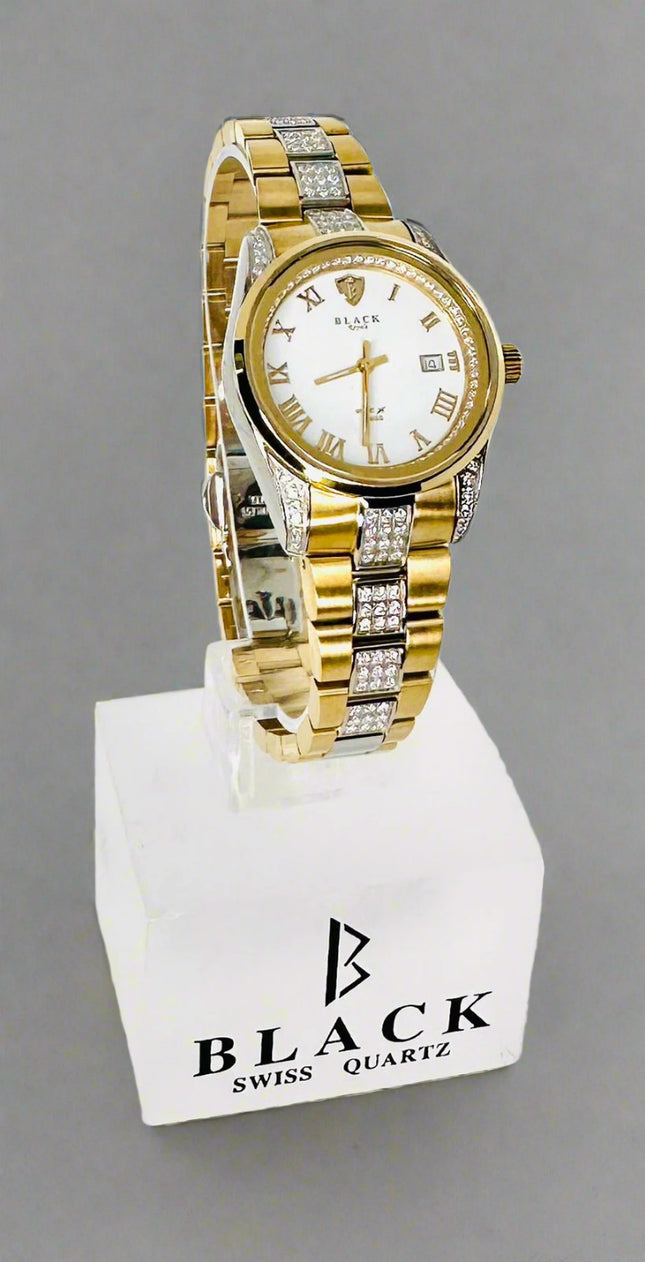 Gold and silver watch on a white background with 'Black Swiss Quartz' branding.