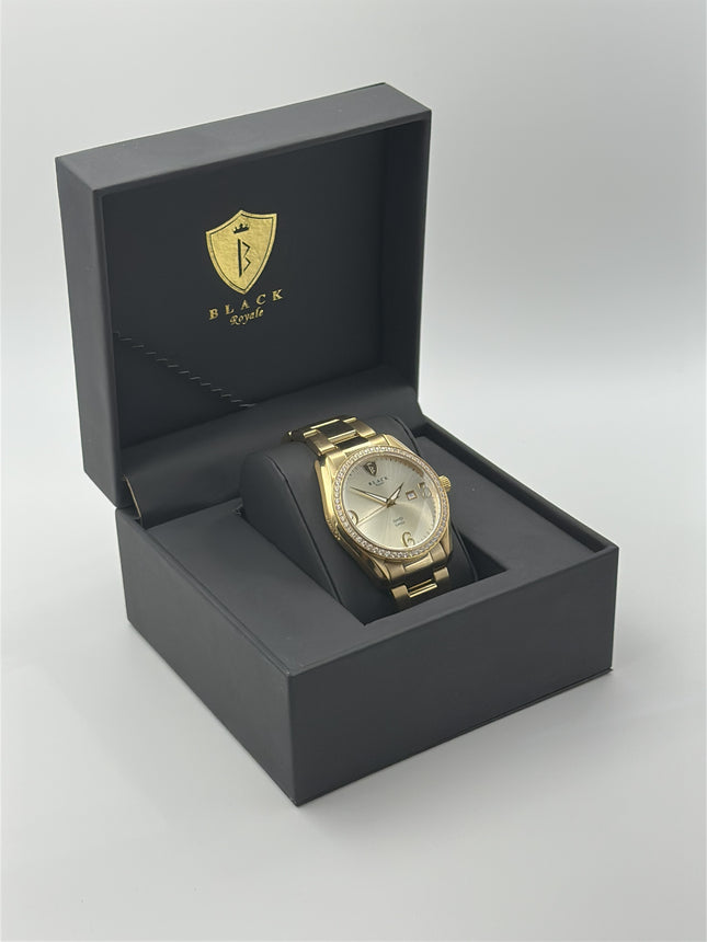 BLACK ROYALE SPARKLE SWISS PRECISION - DIAMOND CASE - ARABIC NUMERALS - GOLD