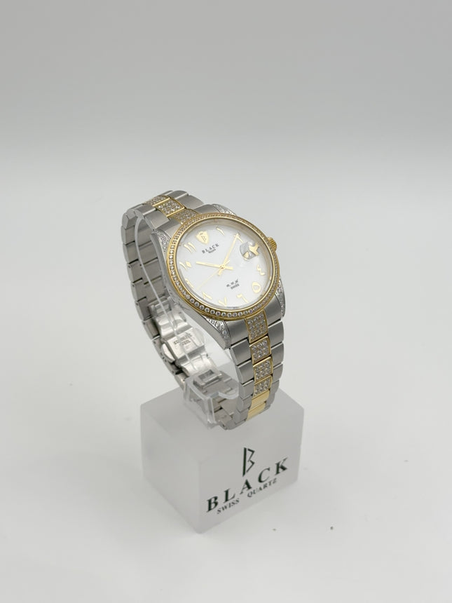 BLACK ROYALE SPARKLE SWISS PRECISION - DIAMOND CASE - ARABIC NUMERALS - SILVER-GOLD