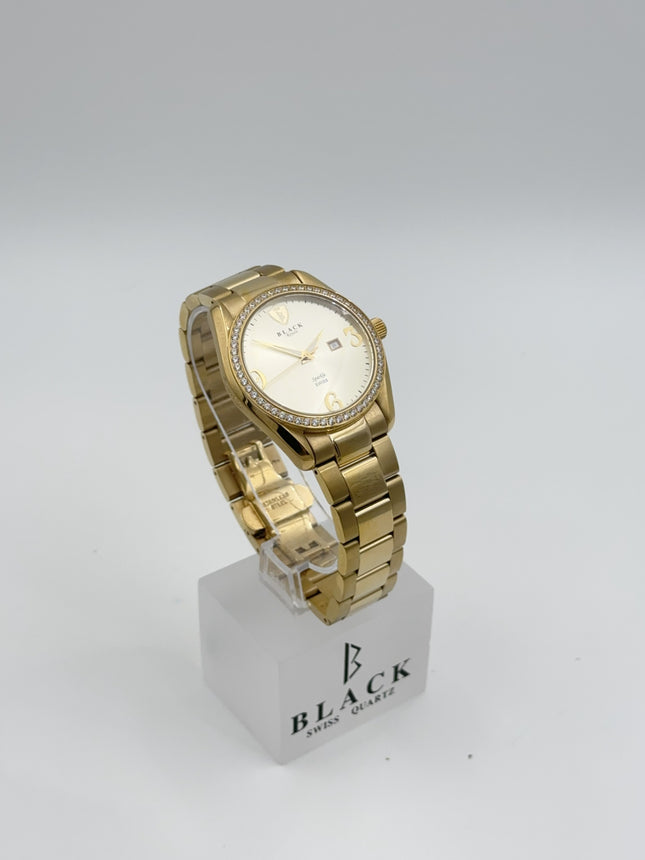 BLACK ROYALE SPARKLE SWISS PRECISION - DIAMOND CASE - ARABIC NUMERALS - GOLD