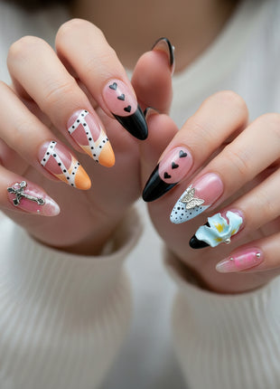 3D Floral Press-On Nails - French Style Medium Almond Tips - 100% Handmade Reusable Fake Nails