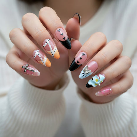 3D Floral Press-On Nails - French Style Medium Almond Tips - 100% Handmade Reusable Fake Nails