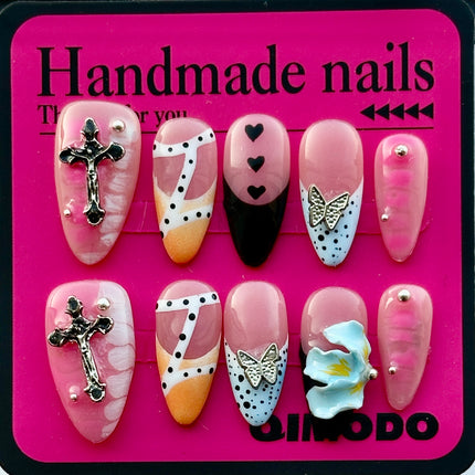 3D Floral Press-On Nails, French Style Medium Almond Tips, 100% Handmade Reusable Fake Nails, DIY Nail Art Design Products for Women and Girls