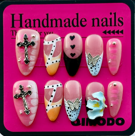 3D Floral Press-On Nails - French Style Medium Almond Tips - 100% Handmade Reusable Fake Nails