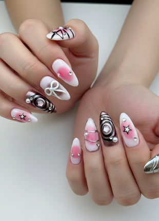 3D French Tip Press On Fake Nails Almond Shape with Embossed Silver Bead Designs, Glossy Finish Reusable False Nails with Glue Tabs - Nail Kit for Women Manicure