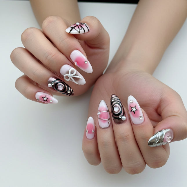 3D French Tip Press On Fake Nails Almond Shape with Embossed Silver Bead Designs, Glossy Finish Reusable False Nails with Glue Tabs - Nail Kit for Women Manicure