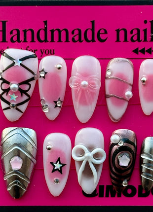 3D French Tip Press On Fake Nails Almond Shape with Embossed Silver Bead Designs, Glossy Finish Reusable False Nails with Glue Tabs - Nail Kit for Women Manicure