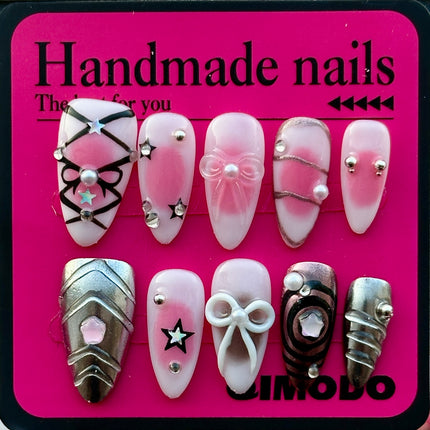 3D French Tip Press On Fake Nails Almond Shape with Embossed Silver Bead Designs, Glossy Finish Reusable False Nails with Glue Tabs - Nail Kit for Women Manicure