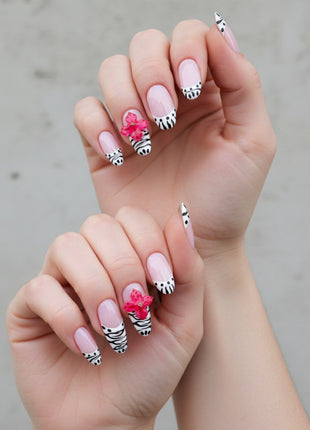 QIMODO Handcrafted Press-On Nails – Glam Pink Zebra & 3D Flower Design