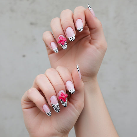 QIMODO Handcrafted Press-On Nails – Glam Pink Zebra & 3D Flower Design