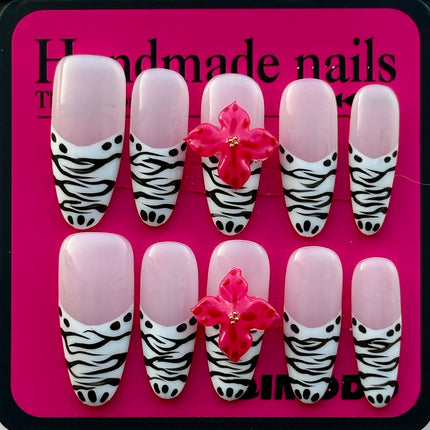 QIMODO Handcrafted Press-On Nails – Glam Pink Zebra & 3D Flower Design