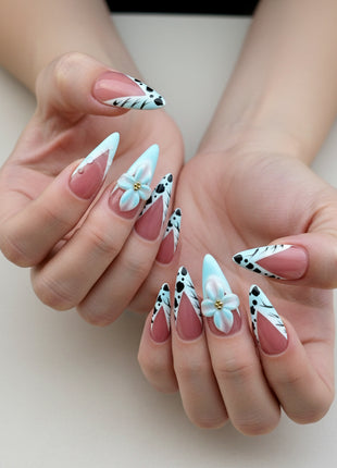 Handmade 3D Flower Embossed Press-On Nails With French-Style Almond Tips