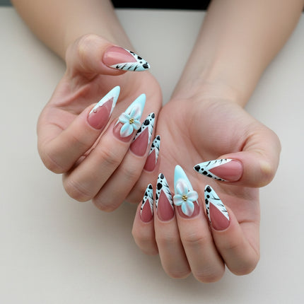 Handmade 3D Flower Embossed Press-On Nails With French-Style Almond Tips