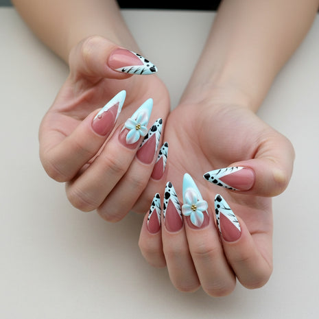 Handmade 3D Flower Embossed Press-On Nails With French-Style Almond Tips