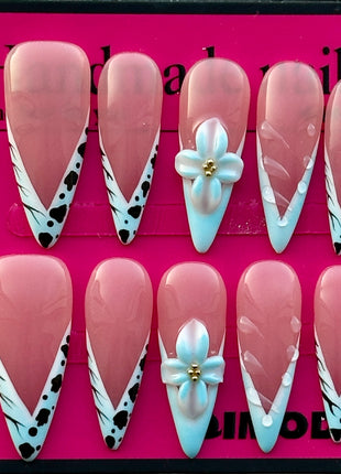 Handmade 3D Flower Embossed Press-On Nails With French-Style Almond Tips