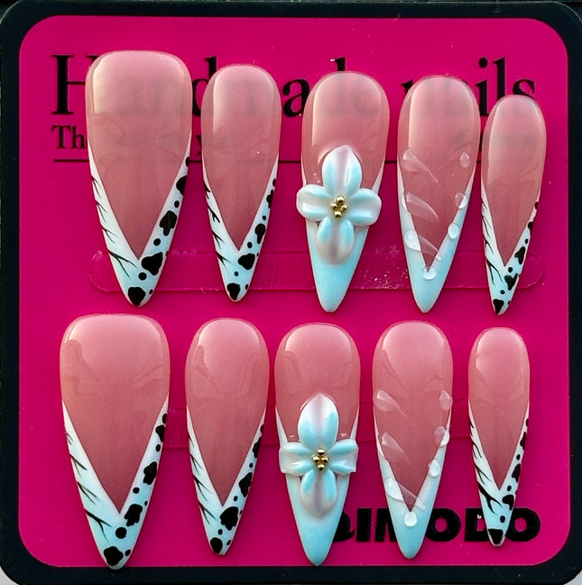 Handmade 3D Flower Embossed Press-On Nails With French-Style Almond Tips