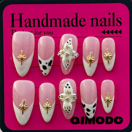 French-Inspired White Almond Press-On Nail Set featuring Handcrafted 3D Floral Sculptures – Reusable, Elegant, and Designed for Everyday Glam or Celebrations