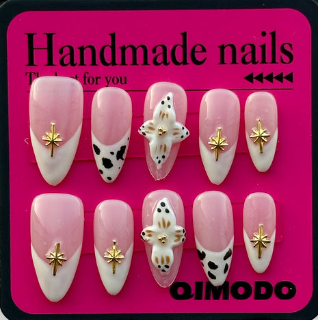French-Inspired White Almond Press-On Nail Set featuring Handcrafted 3D Floral Sculptures