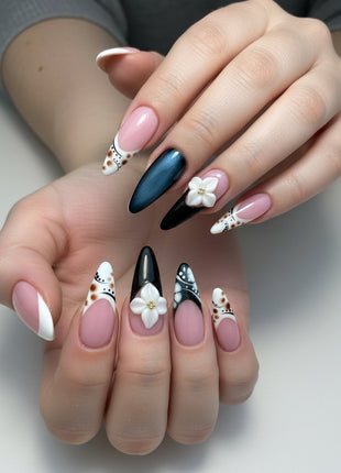 Chic Black & White Almond Press-On Nails with 3D Floral Details
