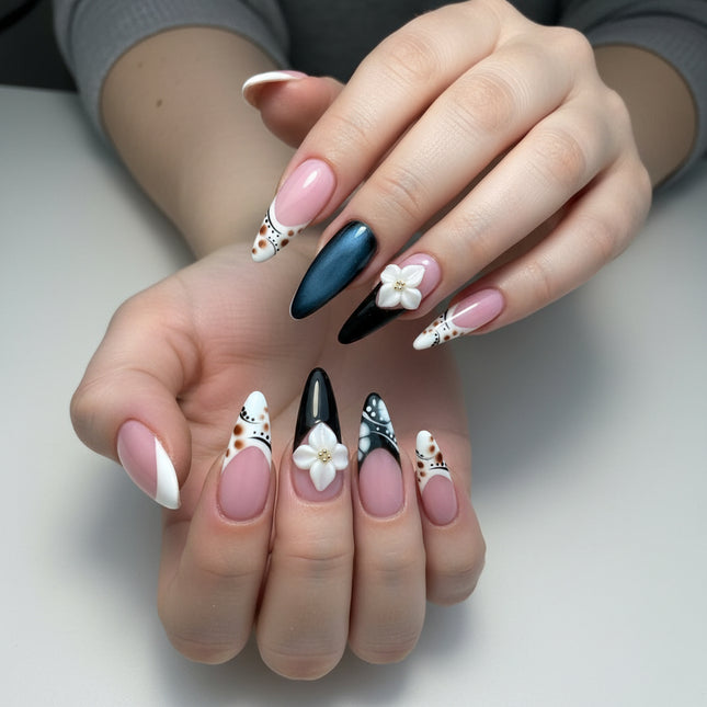 Chic Black & White Almond Press-On Nails with 3D Floral Details – A French-Inspired Reusable Set for Effortless Daily Style and Special Moments.