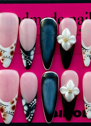 Chic Black & White Almond Press-On Nails with 3D Floral Details