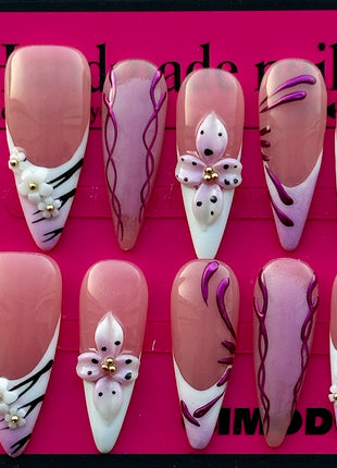 Chic French-Inspired Press-On Nails with Sculpted 3D Flower Art Light Pink Pastel Shade